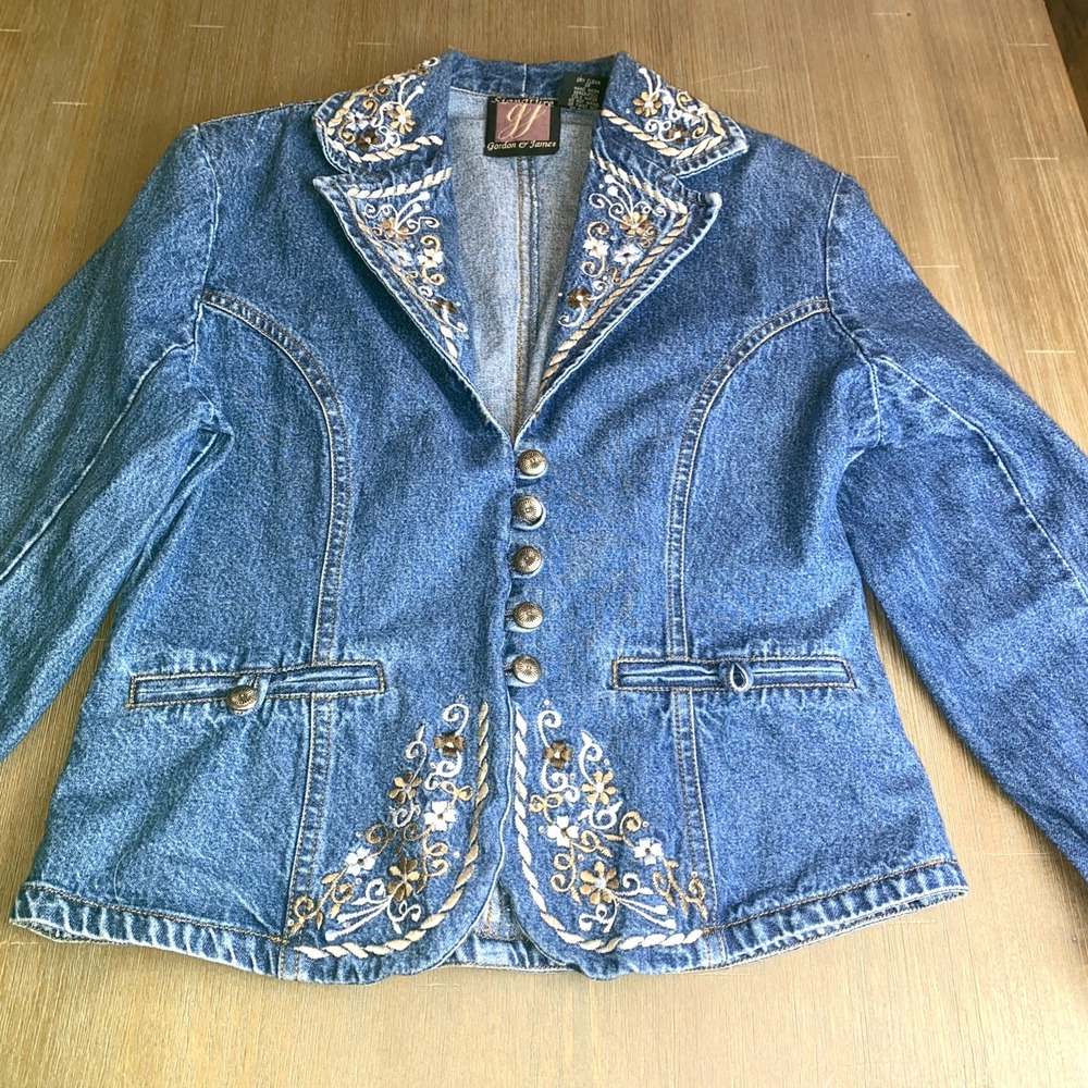 VTG Gordon & James Womens Embroidered Rhinestone Denim Blazer Med Western READ - Picture 1 of 11